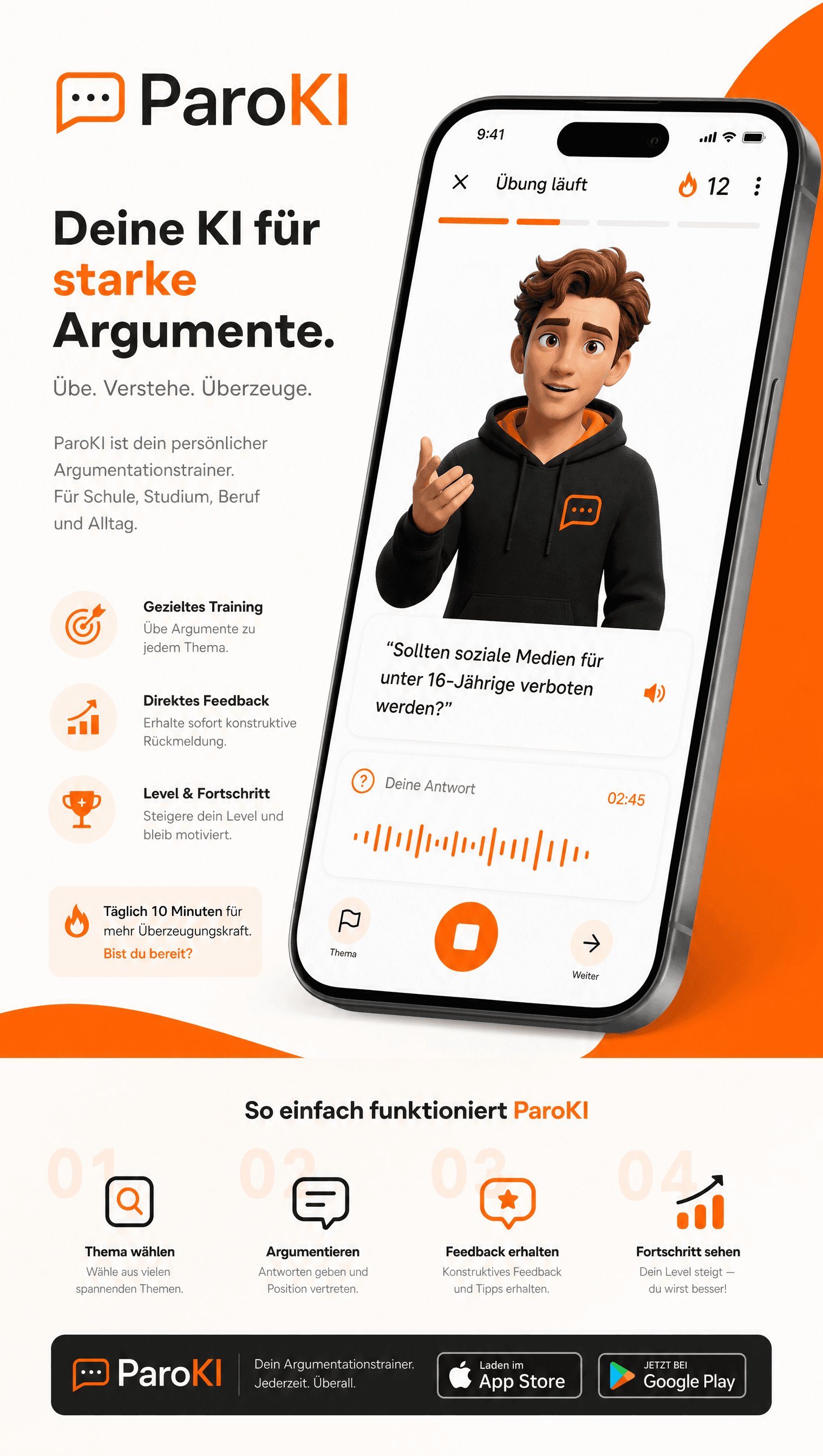 ParoKI-App Mockup mit 3D-Avatar im Argumentationstraining