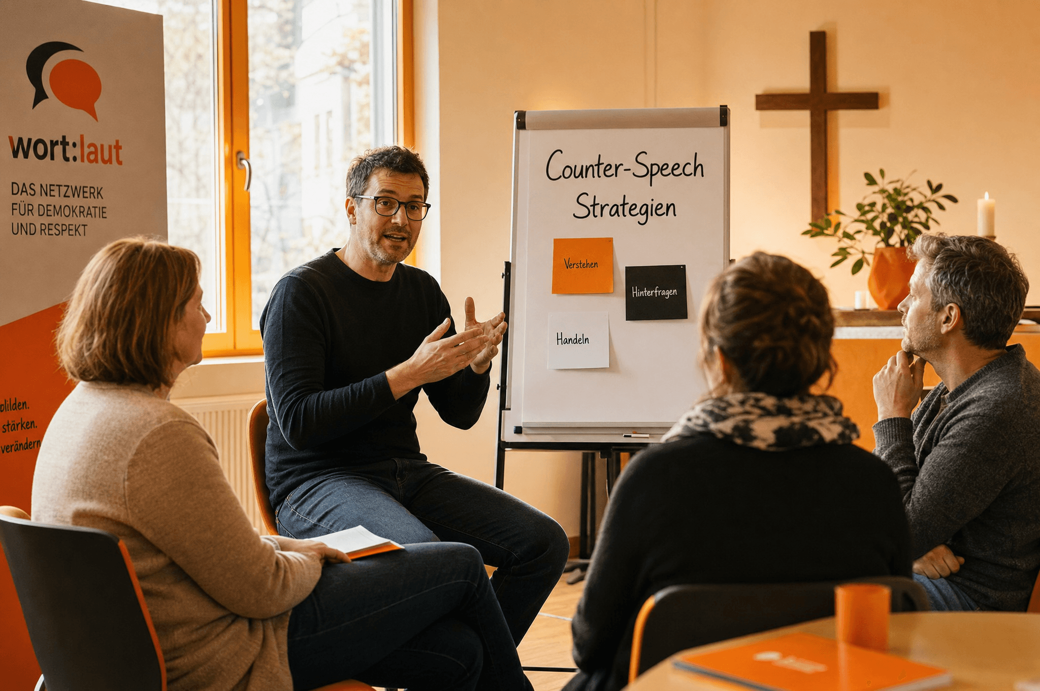 Workshop-Szene: Eine Gruppe von Menschen sitzt an einem Konferenztisch, vor ihnen ein Whiteboard mit den Begriffen 'Humor', 'Fakten', 'Empathie', 'kollektiv' — symbolisiert praktische Anwendung der Forschung in der Multiplikator:innen-Arbeit.