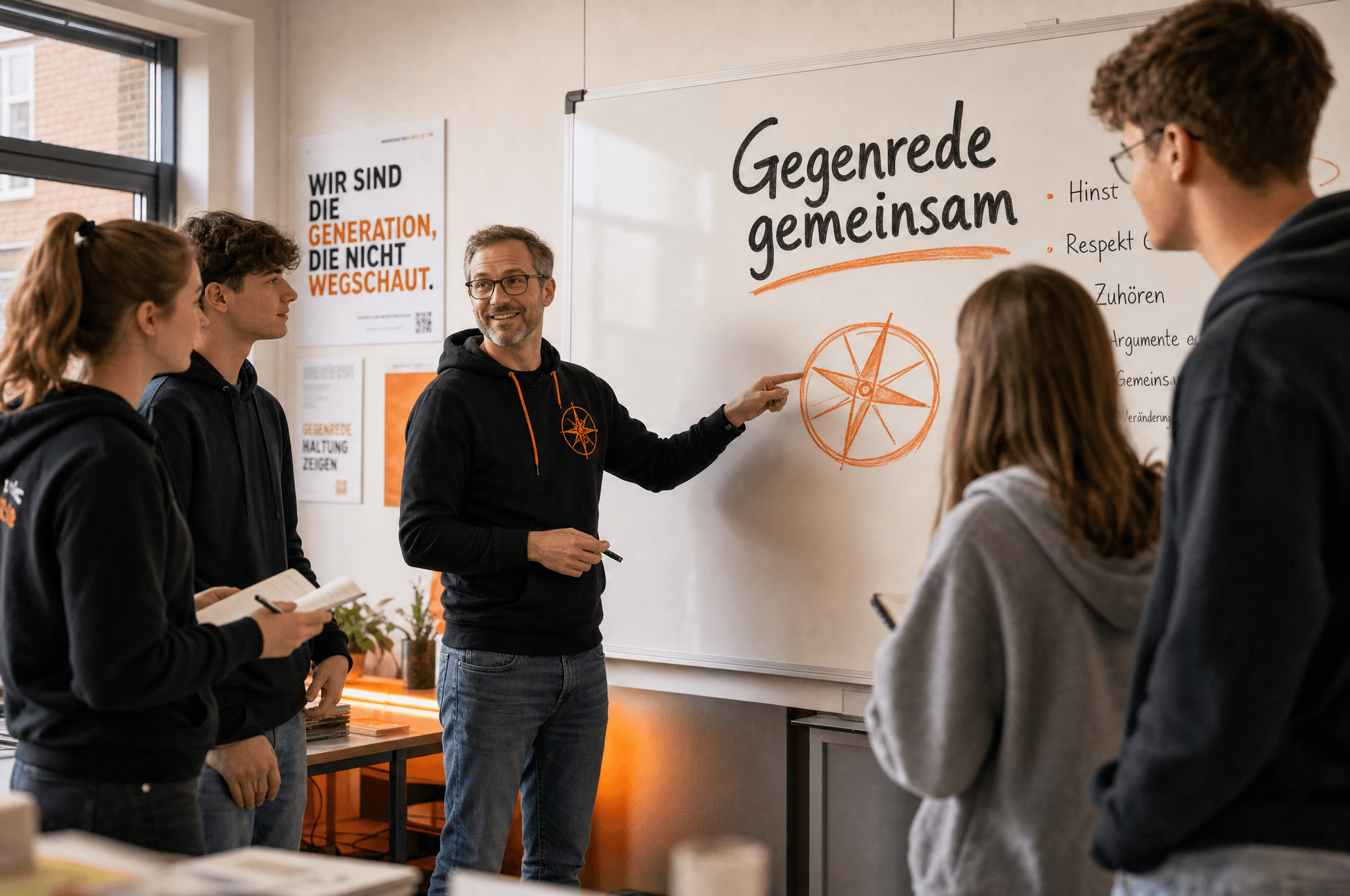 Workshop-Szene: Sebastian Zollner mit einer Gruppe in einem hellen Schulungsraum, Flipchart, konzentrierte Gesichter